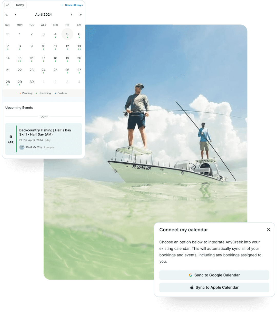 A collage featuring 2 anglers on a skiff, the AnyCreek calendar widget, and the Connect my calendar modal