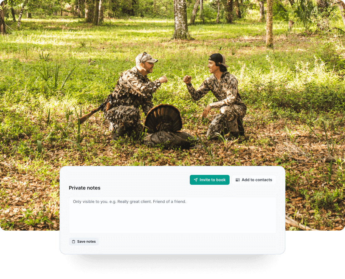 A photo of two hunters about to bump fists over a trophy turkey, and a screenshot of the guide's Private Notes section on AnyCreek.