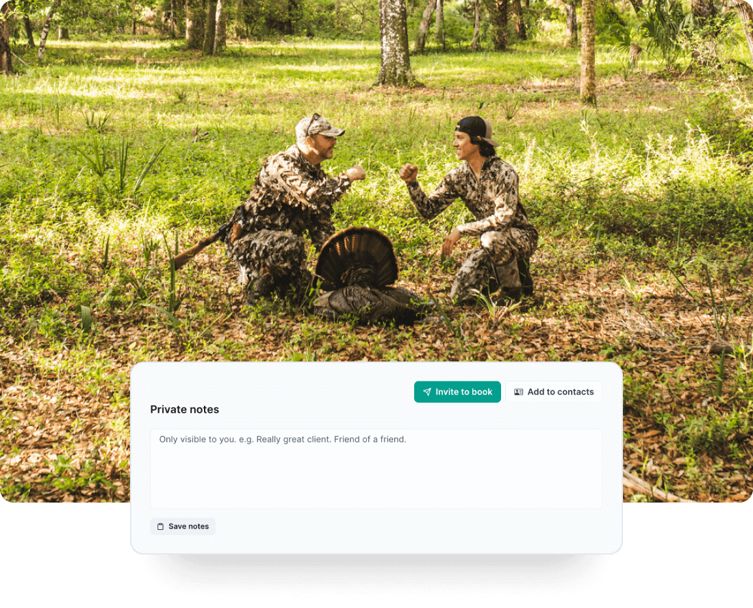 A photo of two hunters about to bump fists over a trophy turkey, and a screenshot of the guide's Private Notes section on AnyCreek.