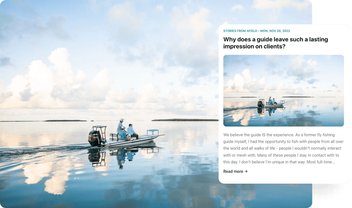 An article titled "Why does a guide leave such a lasting impression on clients?" over an image of two anglers on a skiff.