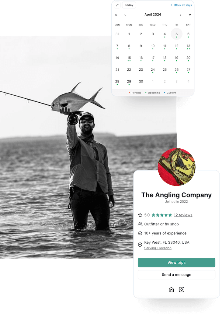 A collage featuring a wading angler holding up a fish, the AnyCreek calendar widget, and The Angling Company's profile card