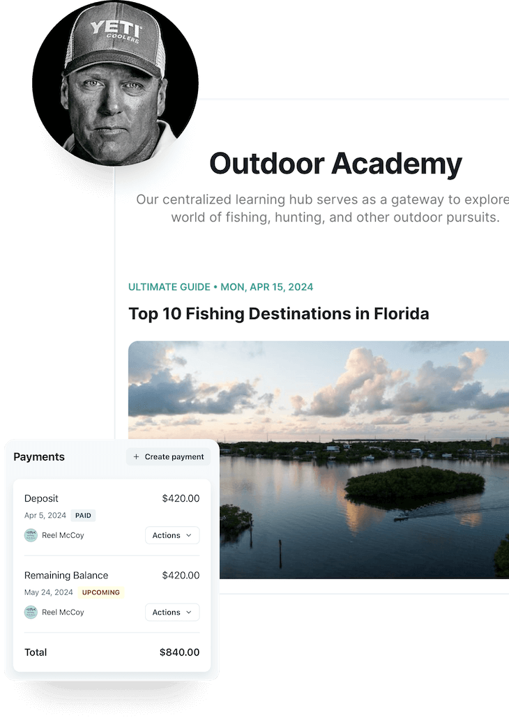 A collage featuring Captain Rob Fordyce's headshot, a screenshot of deposit and remaining balance payments, and a screenshot of an Outdoor Academy article on the Top 10 Fishing Destinations in Florida