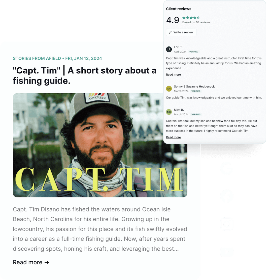 A collage featuring the Capt. Tim article, a guide's client reviews section, and social media logos