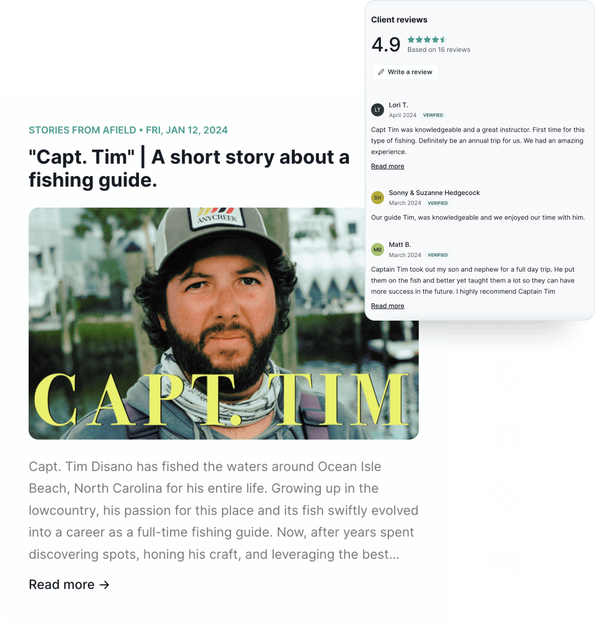 A collage featuring the Capt. Tim article, a guide's client reviews section, and social media logos