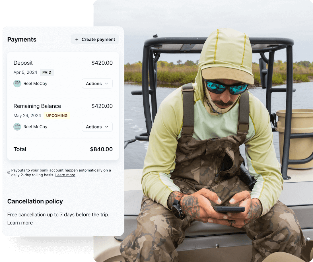 A screenshot of the AnyCreek Payments interface displaying a deposit and remaining balance, and an image a guide on his skiff checking his phone.