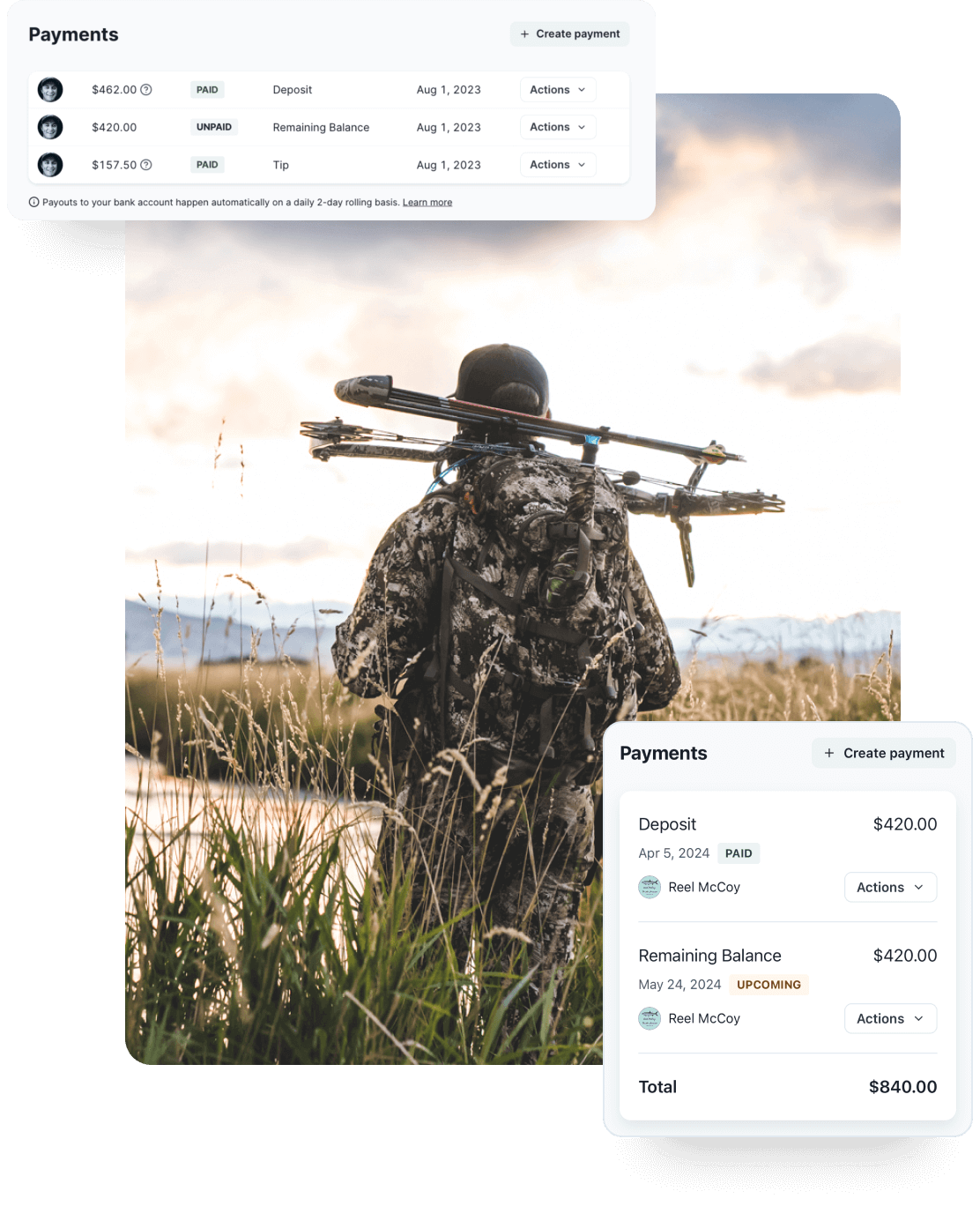 A collage featuring a hunter in a marsh with a bow and arrows on his back, a list of payments, and the Deposit and Remaining Balance payment widget