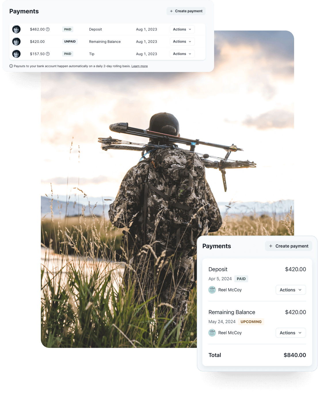A collage featuring a hunter in a marsh with a bow and arrows on his back, a list of payments, and the Deposit and Remaining Balance payment widget