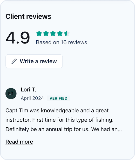 Capt. Tim's 4.9-star review rating, featuring a positive review from a client