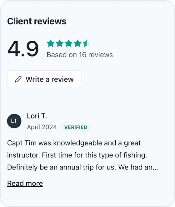 Capt. Tim's 4.9-star review rating, featuring a positive review from a client