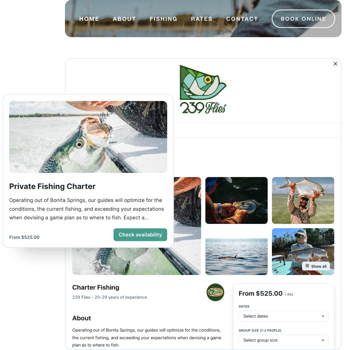 Features from the 239 Flies website integration, showing their website's navigation bar, their Private Fishing Charter booking, and the listing details page