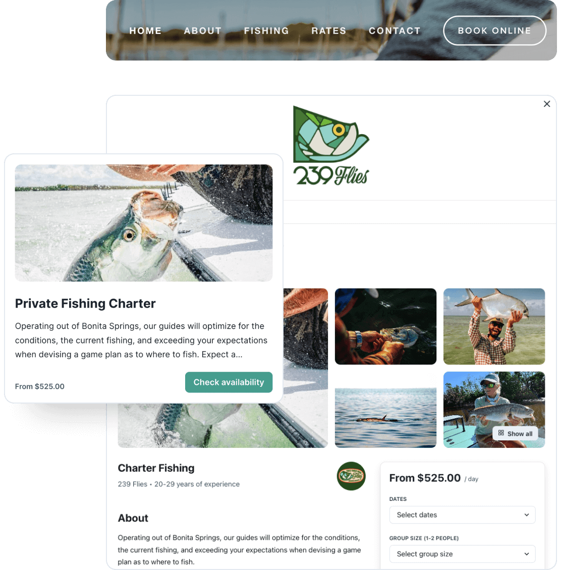 Features from the 239 Flies website integration, showing their website's navigation bar, their Private Fishing Charter booking, and the listing details page